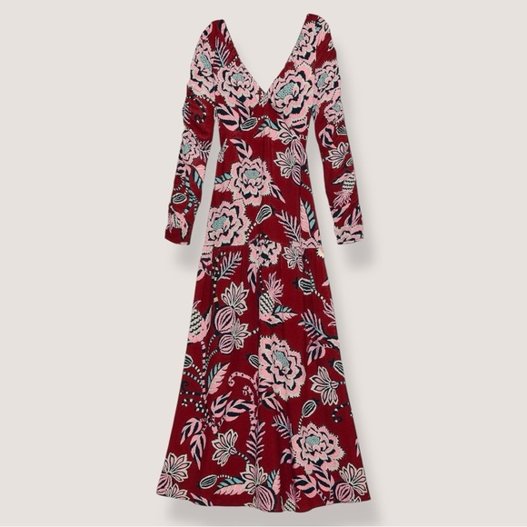 FARM RIO Burgundy Pineapple Inspiration Floral Print V Neck Open Back Maxi Dress - Picture 8 of 11